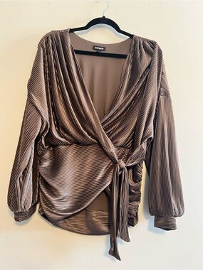 Express Stretchy Brown Pleated Wrap Blouse with Tie Waist | Women’s XL